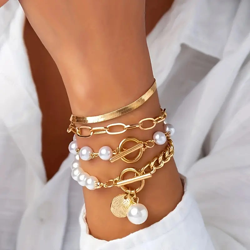 Conjunto de Pulseiras Chic Gold com 4 Peças – Snake, Pérolas e Elos | Ouro